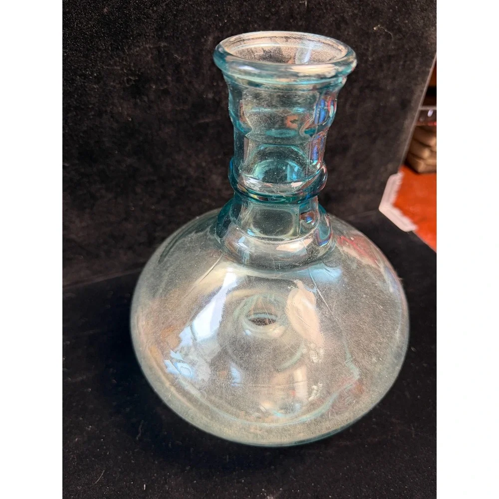 Handblown‎ Light Blue Glass Decanter Vase Tripod Footed Base Ringed Neck 8 inch